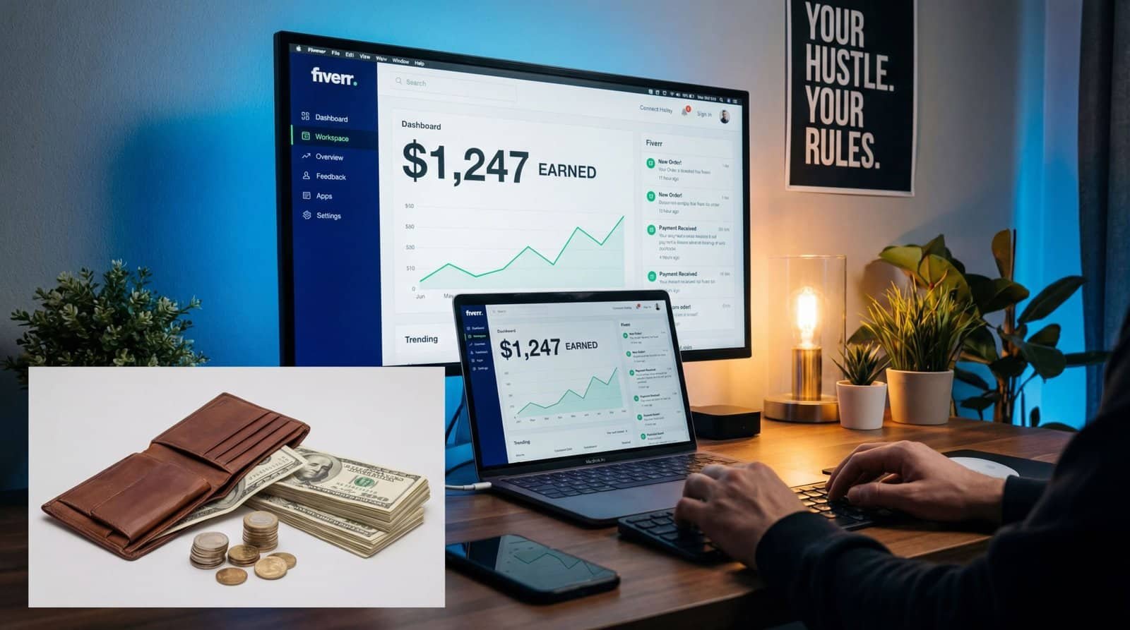 Side hustle income streams: laptop, phone, money.